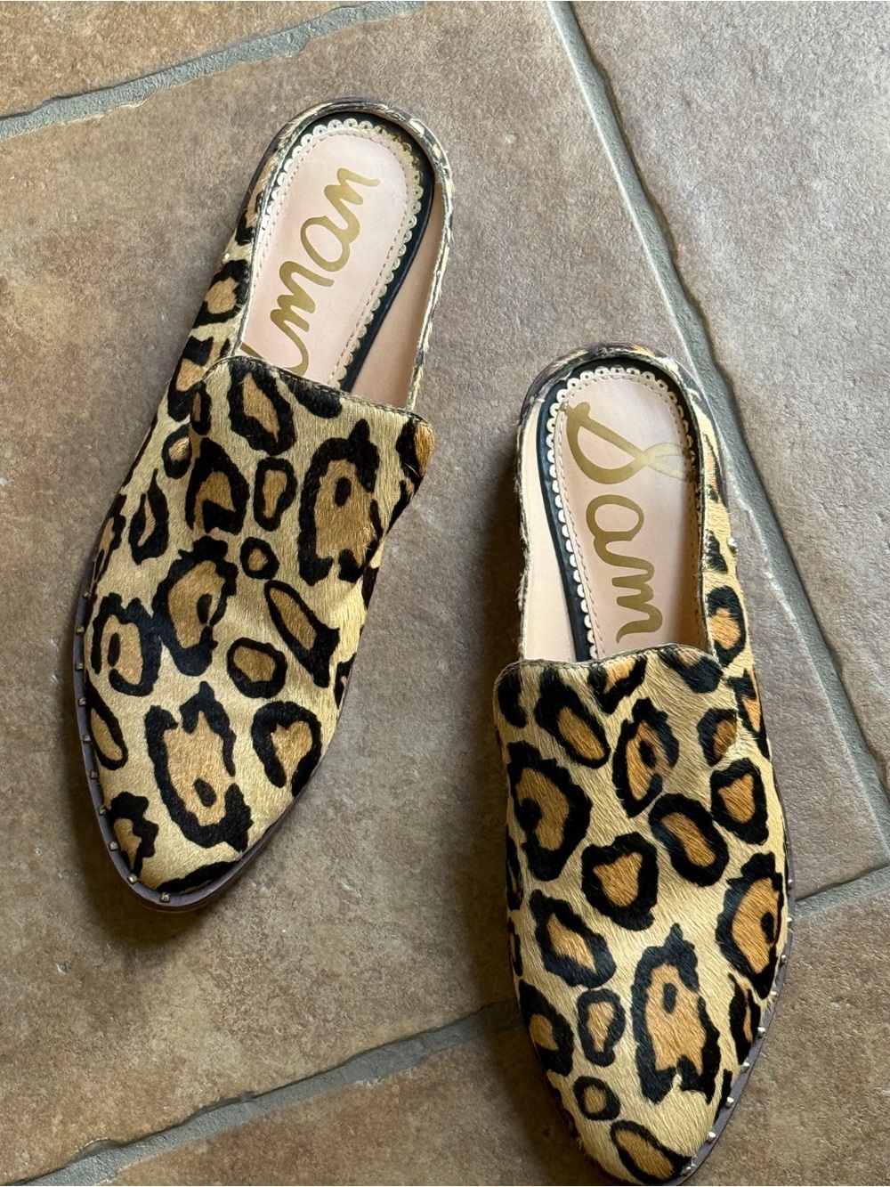 Sam Edelman Leopard-Print Mules in Tan and Black 7.5 M Lewellyn Like New